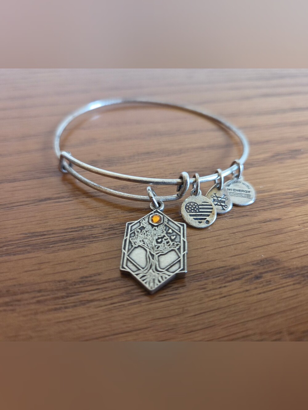 Alex and Ani Silver Tone Tree of Life Adjustable Bangle with Amber Accent Charm